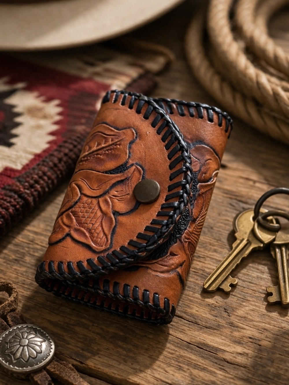 Vintage Floral Tooled Leather Key Holder Case